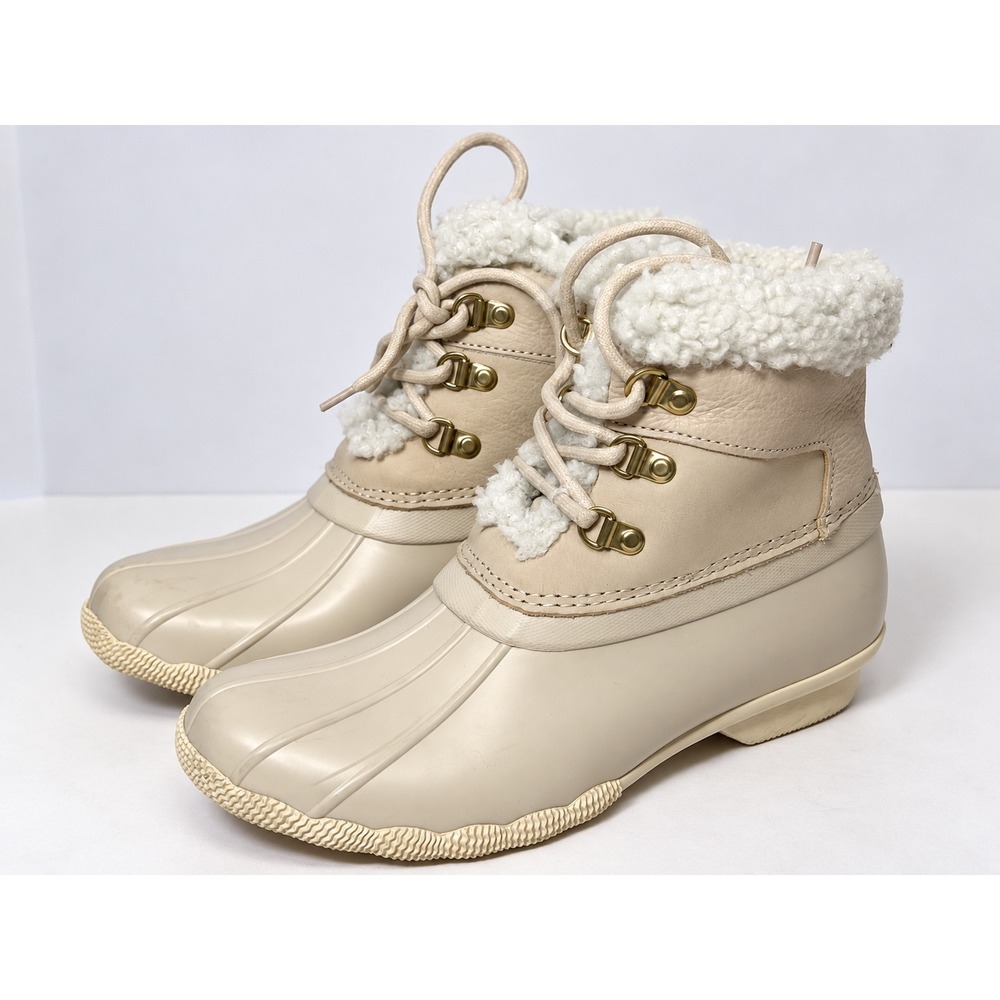 Sperry Saltwater Ivory Cream Faux Shearling Duck Boots Winter Snow Womens 8.5